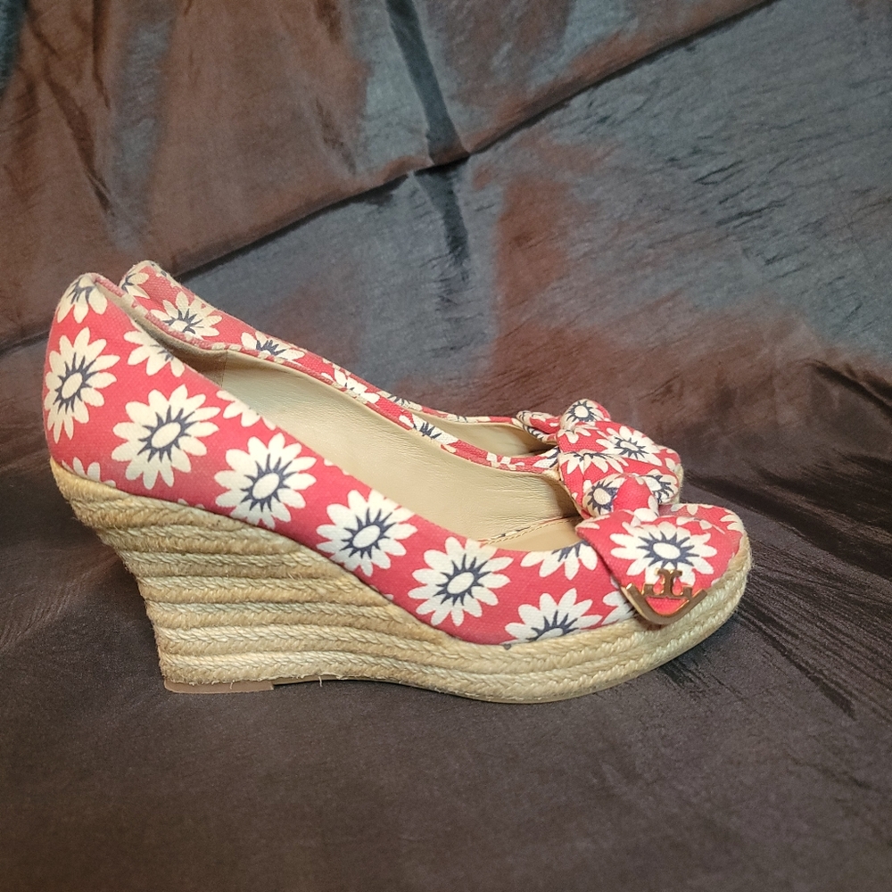 Tory Burch  Dory Nantucket Peep Toe Espadrilles Wedge Sandals, Size 6